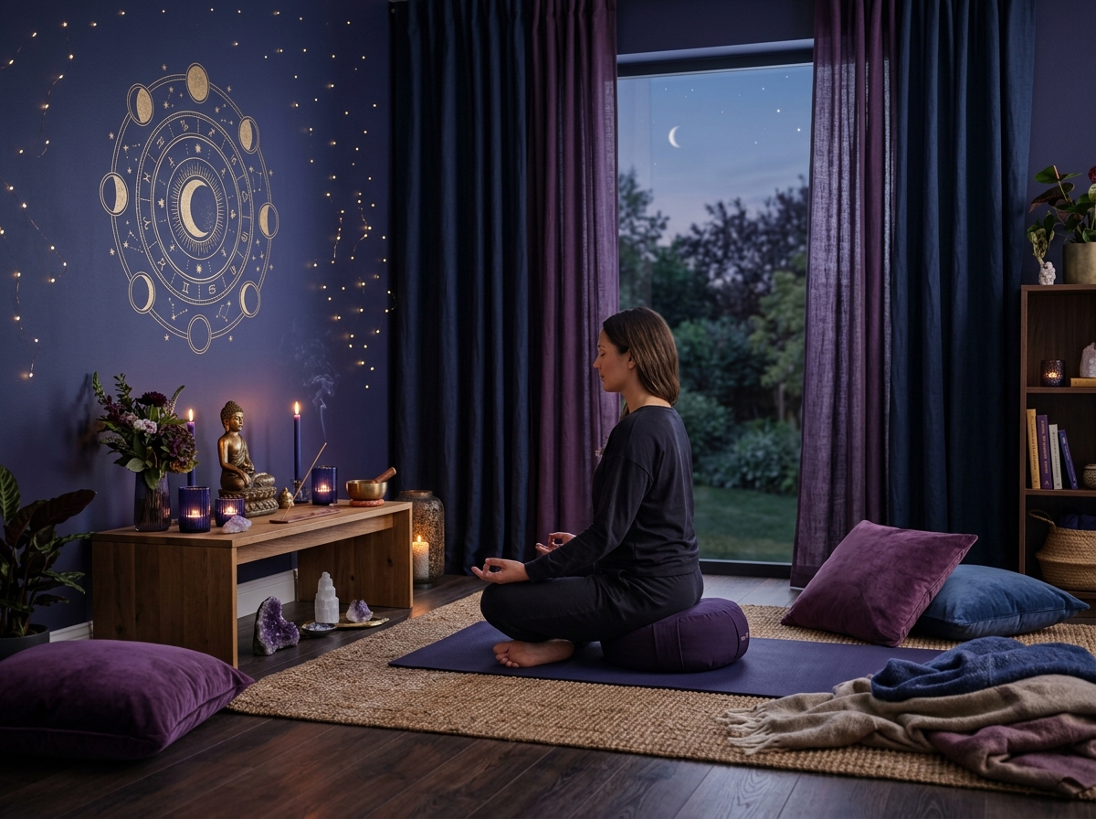 Serene meditation space with celestial decorations